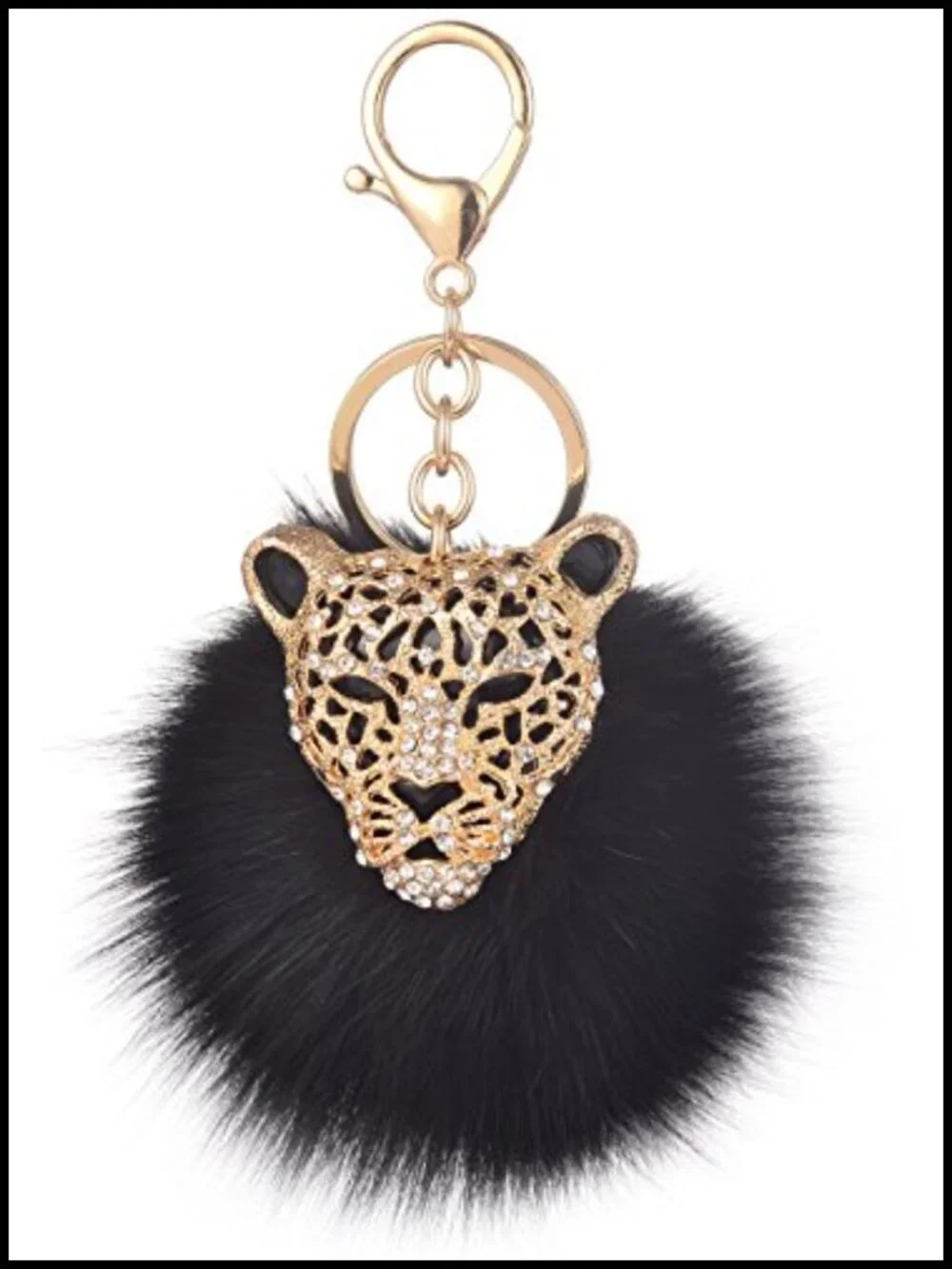 Gold Plated Alloy Leopard Handbag Charm Keychain with Black Fox Fur PomPom